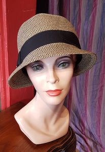 Straw Cloche Hat with wide black band